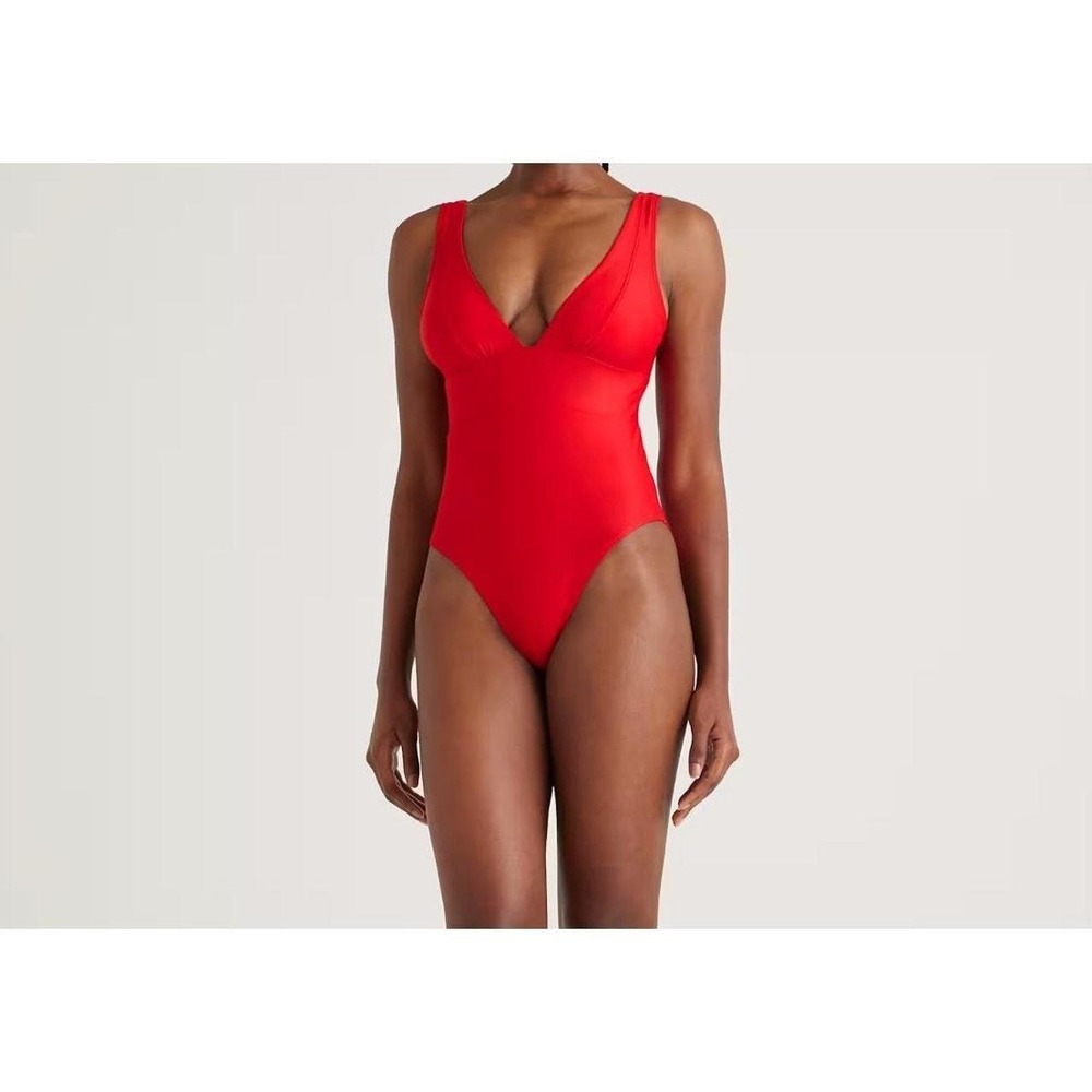 quince italian plunge one-piece swimsuit cherry red, women small regular torso